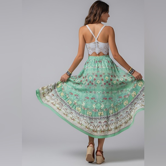 Green Boho Asymmetrical Hem Floral Printed Skirt - Picture 3 of 7